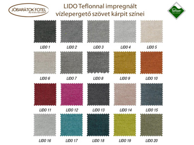 Lido teflonnal impregnált szövet szinei